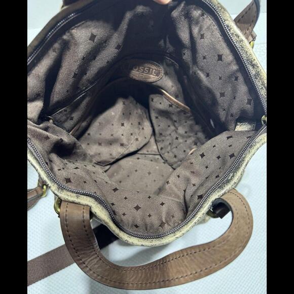 Fossil Explorer Fold Over Tote Leather Bag Bronze Crossbody - Picture 4 of 4
